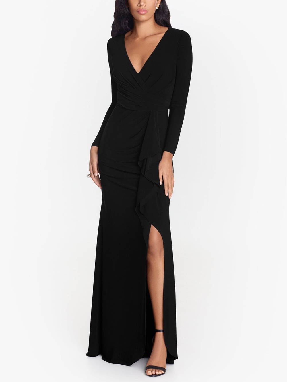 Betsy & Adam Size 16W Elle Jersey Knit Long Sleeve Side Slit Evening Gown NWT
